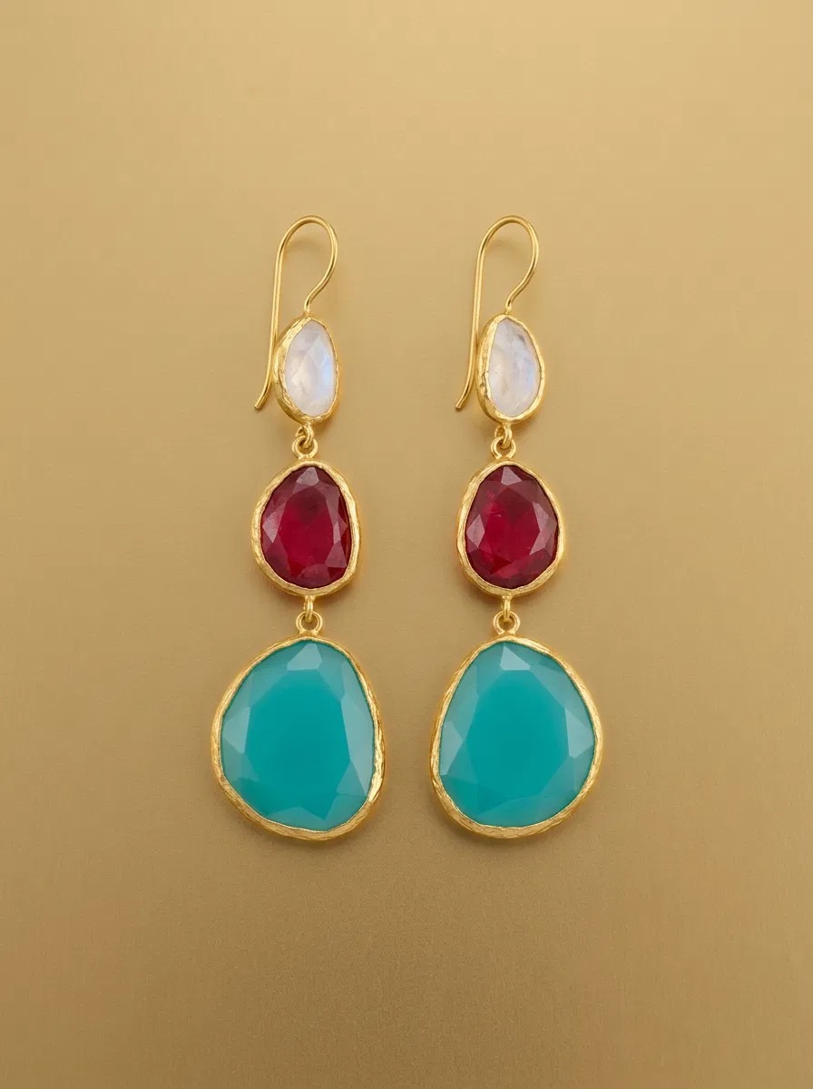 Moonstone Ruby and Aqua Look Triple Drop Earrings