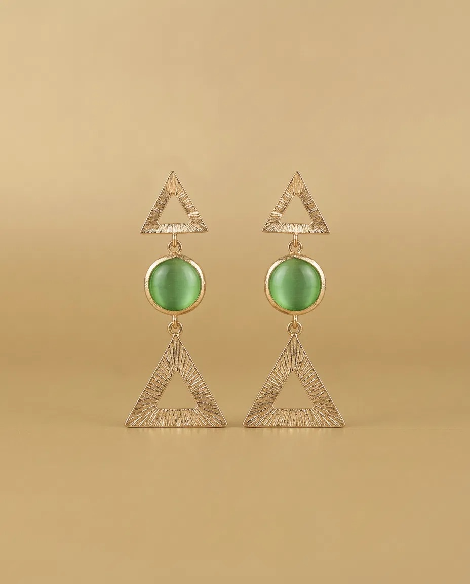 Green Cat Eye Brushed Triangle Earrings