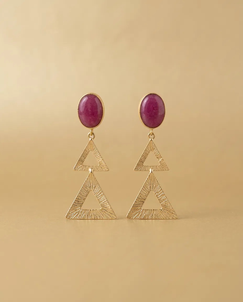 Fuchsia Oval Stone Double Triangle Earrings