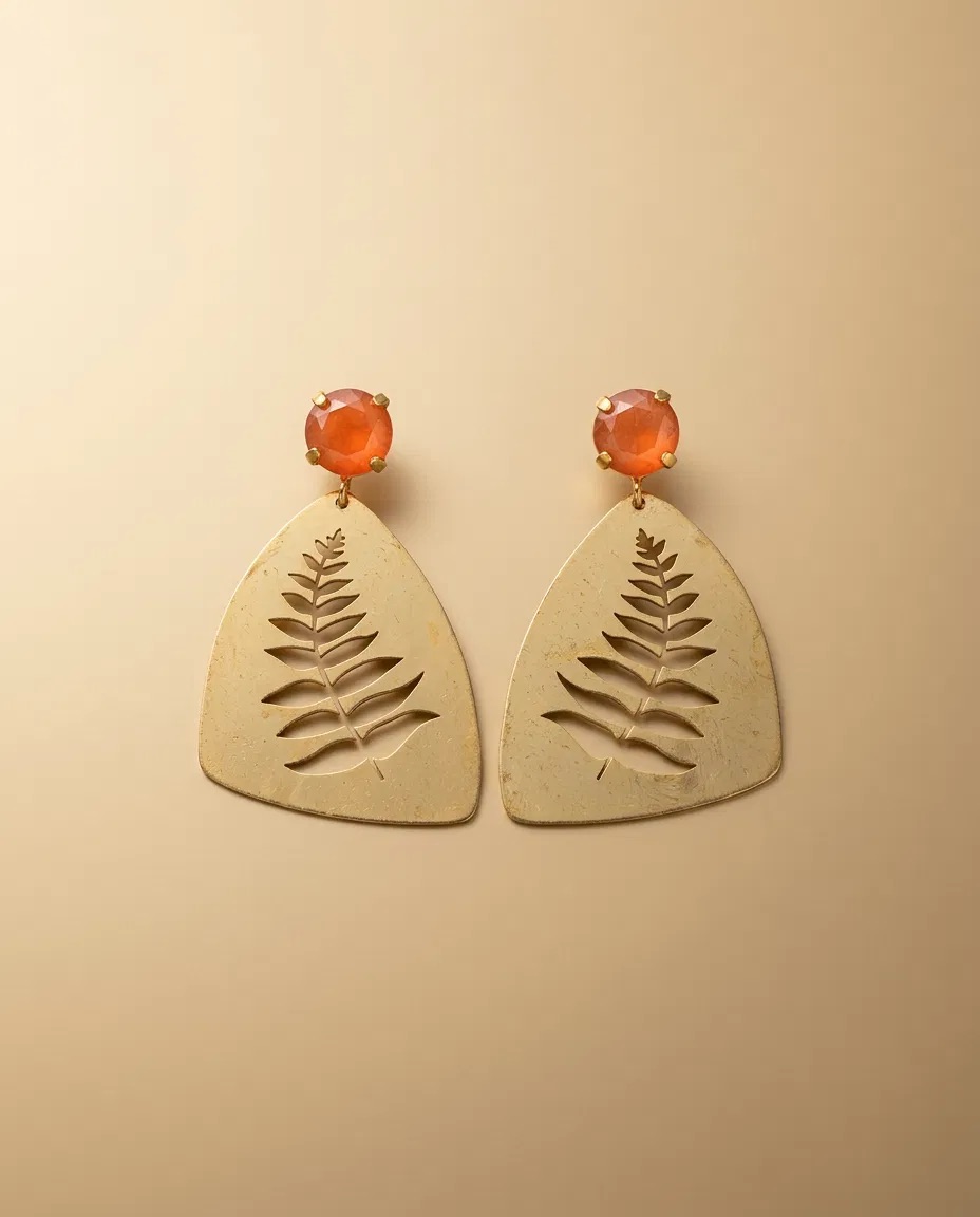 Orange Stone Fern Cut-Out Shield Earrings
