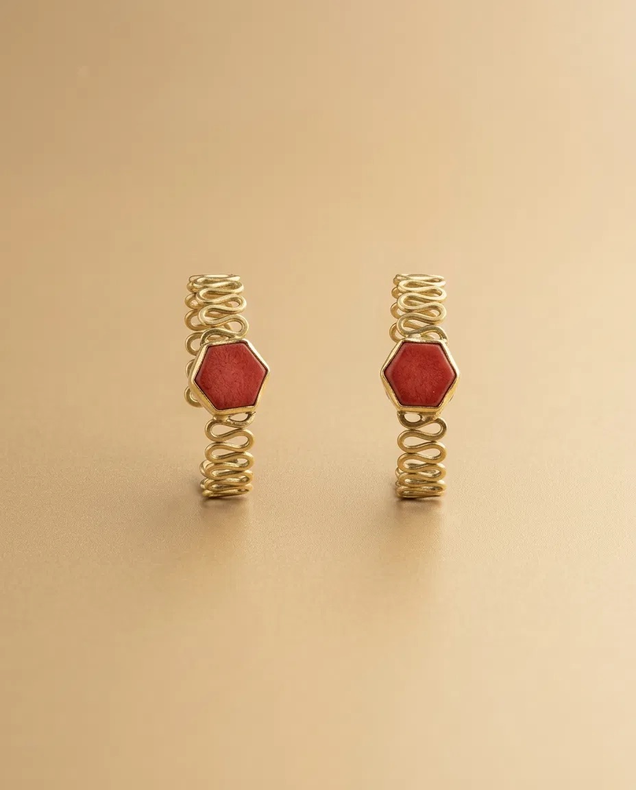 Coiled Wire Red Hexagon Stone Earrings