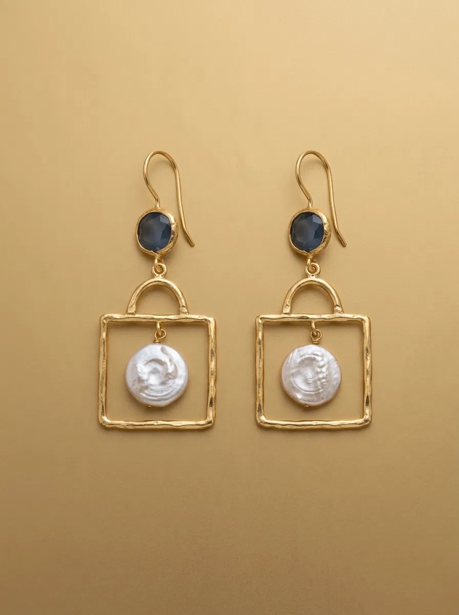 Navy Stone Square Frame Coin Pearl-Look Earrings