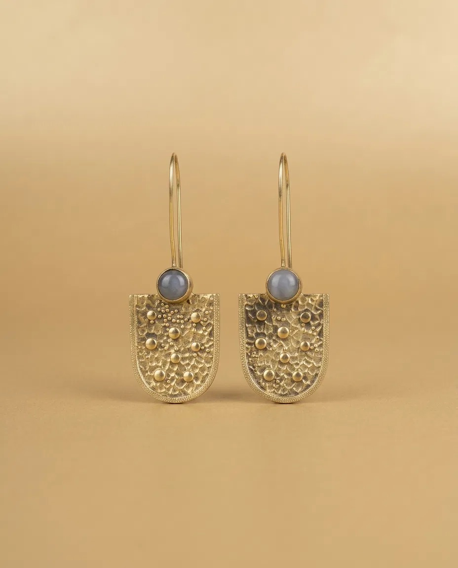 Grey Stone Dotted Arch Plate Hook Earrings