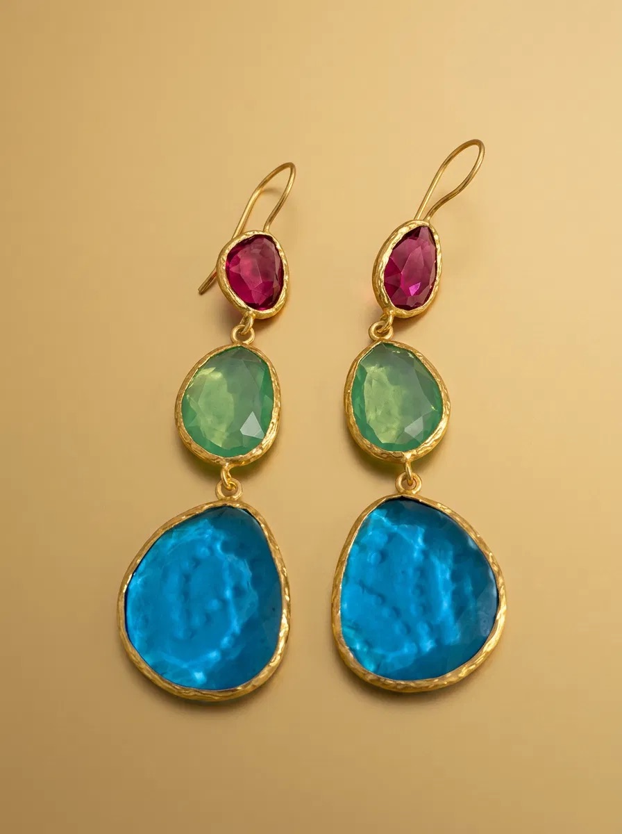 Raspberry Green and Blue Glass Stone Earrings