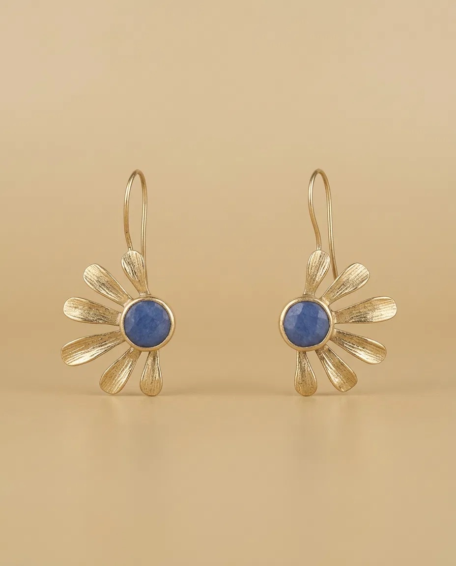 Brushed Daisy Blue Stone Hook Earrings