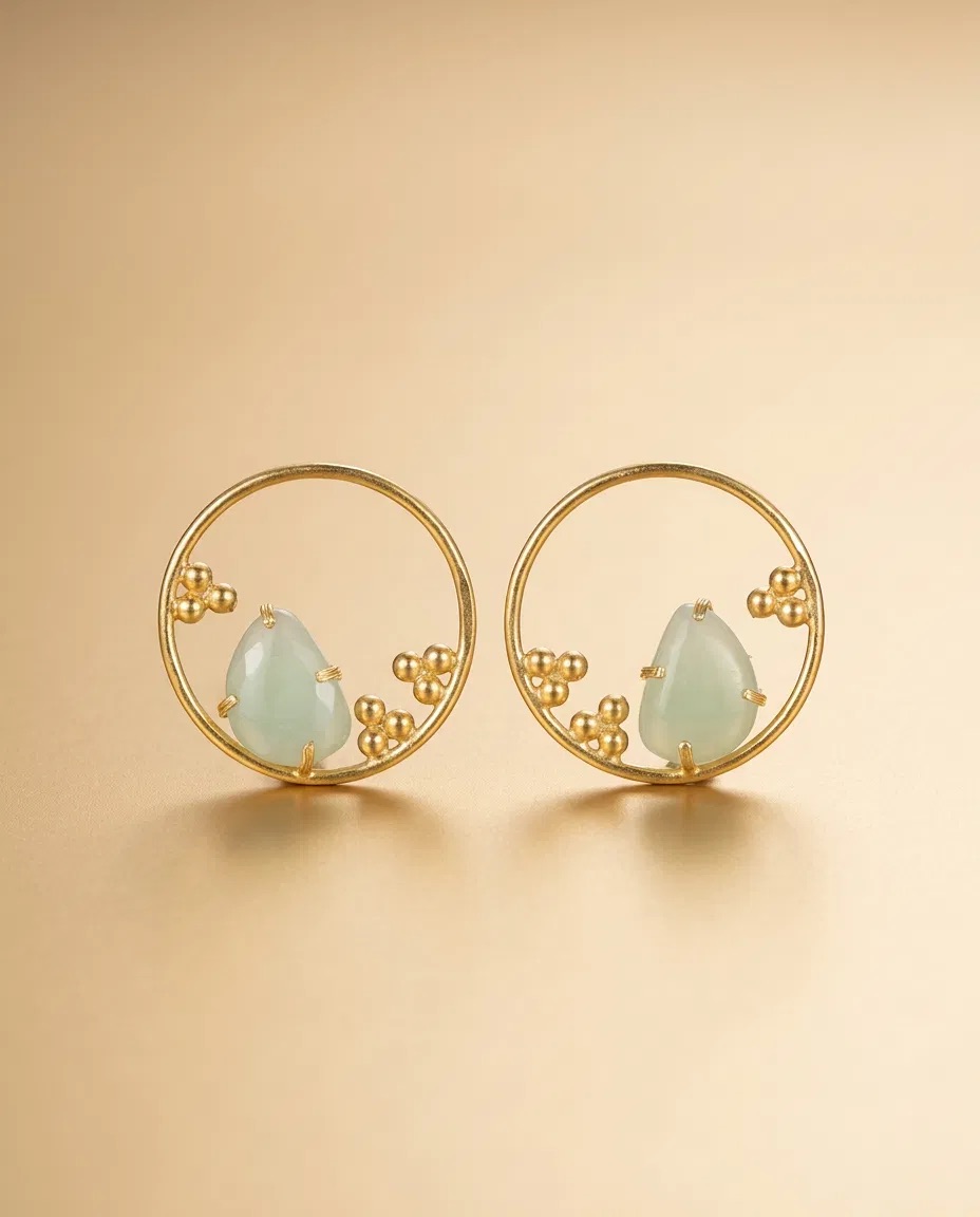 Gold Hoop Mint Stone Granule Earrings