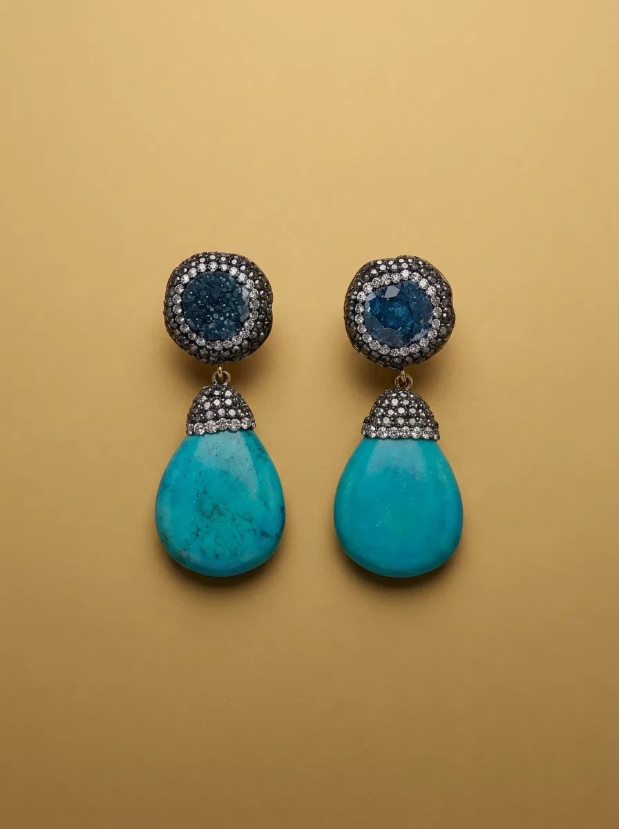 Druzy Look Pave Turquoise Color Teardrop Earrings
