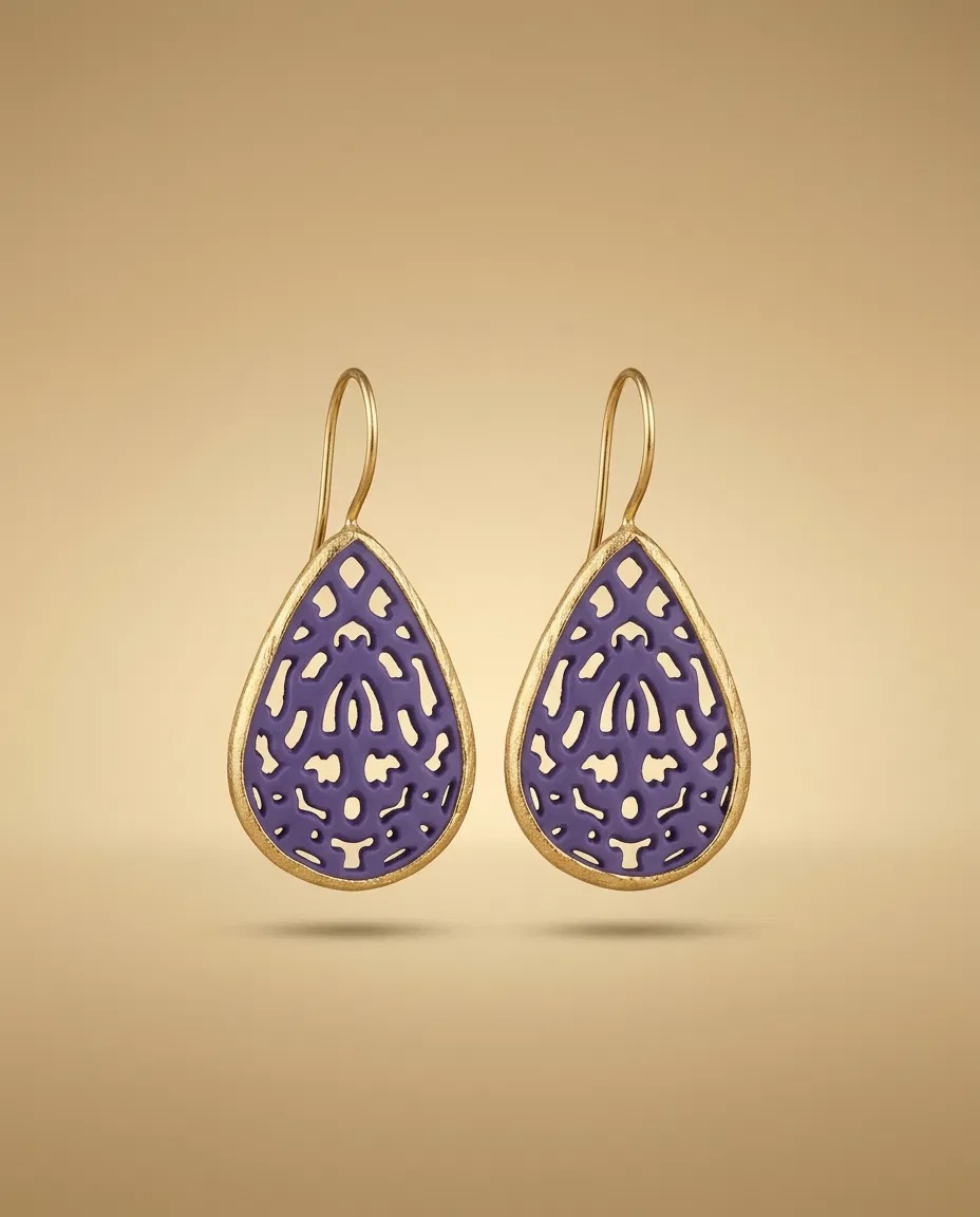 Purple Enamel Lace Teardrop Hook Earrings