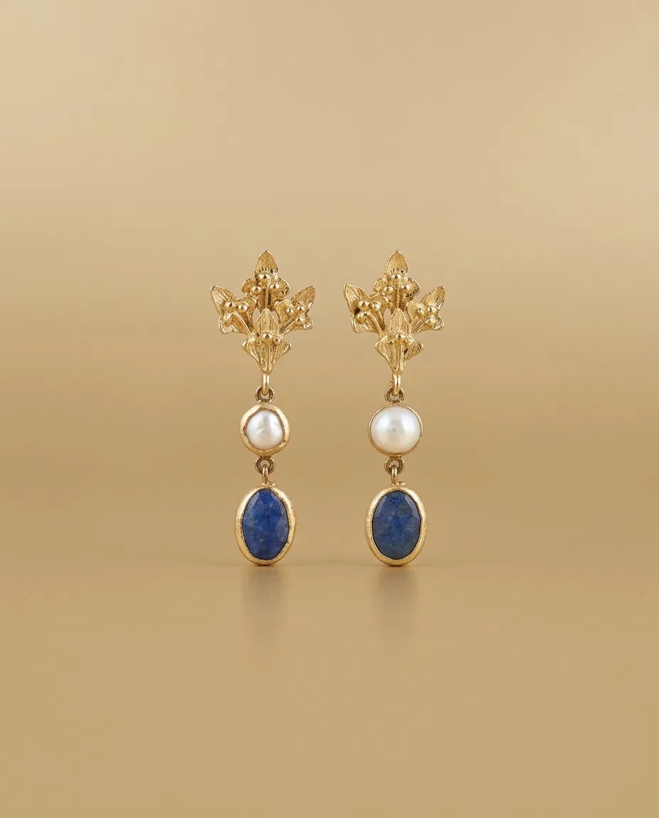 Gold Lily Pearl-Look Lapis Look Drop Earrings