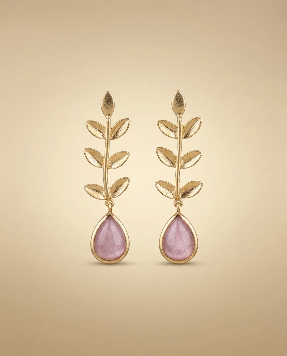 Gold Laurel Branch Pink Teardrop Earrings