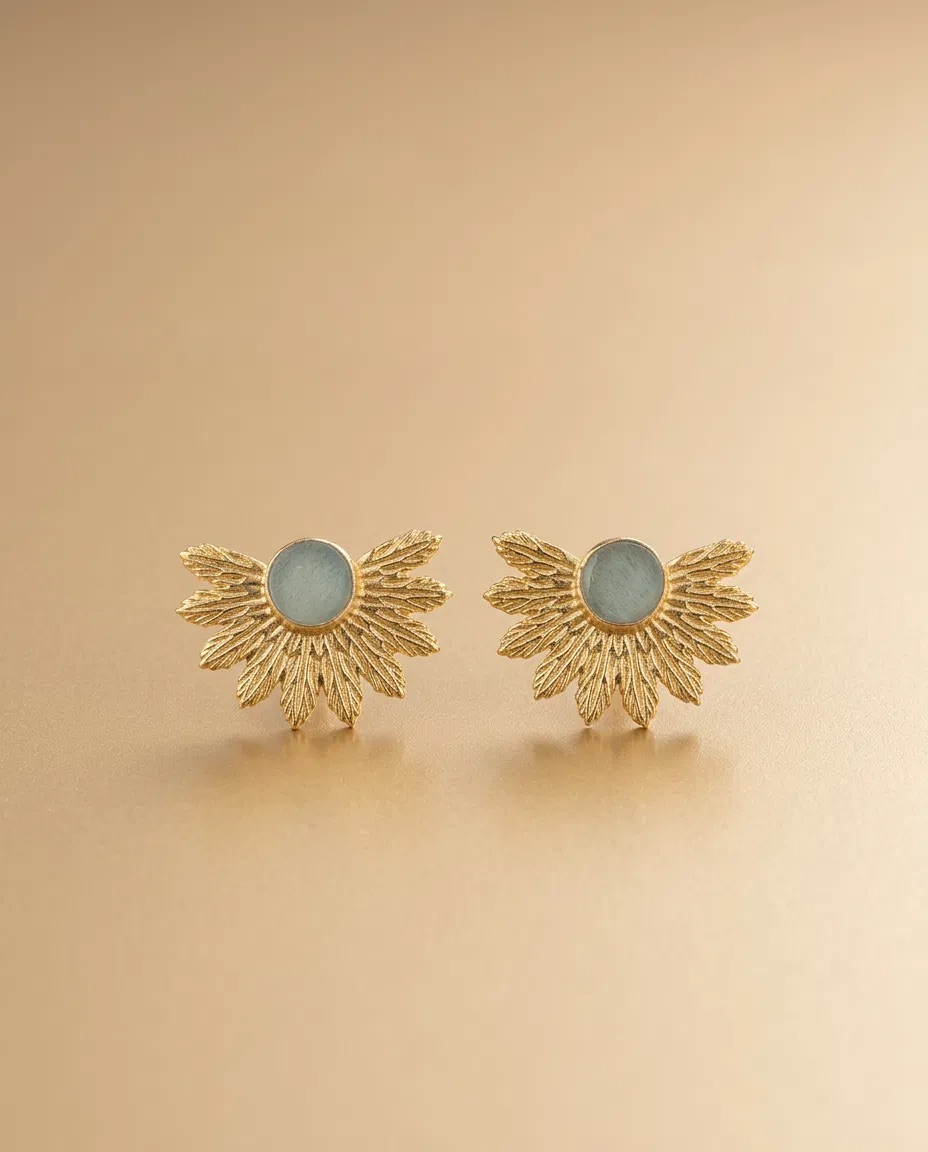 Aqua Stone Feather Fan Stud Earrings