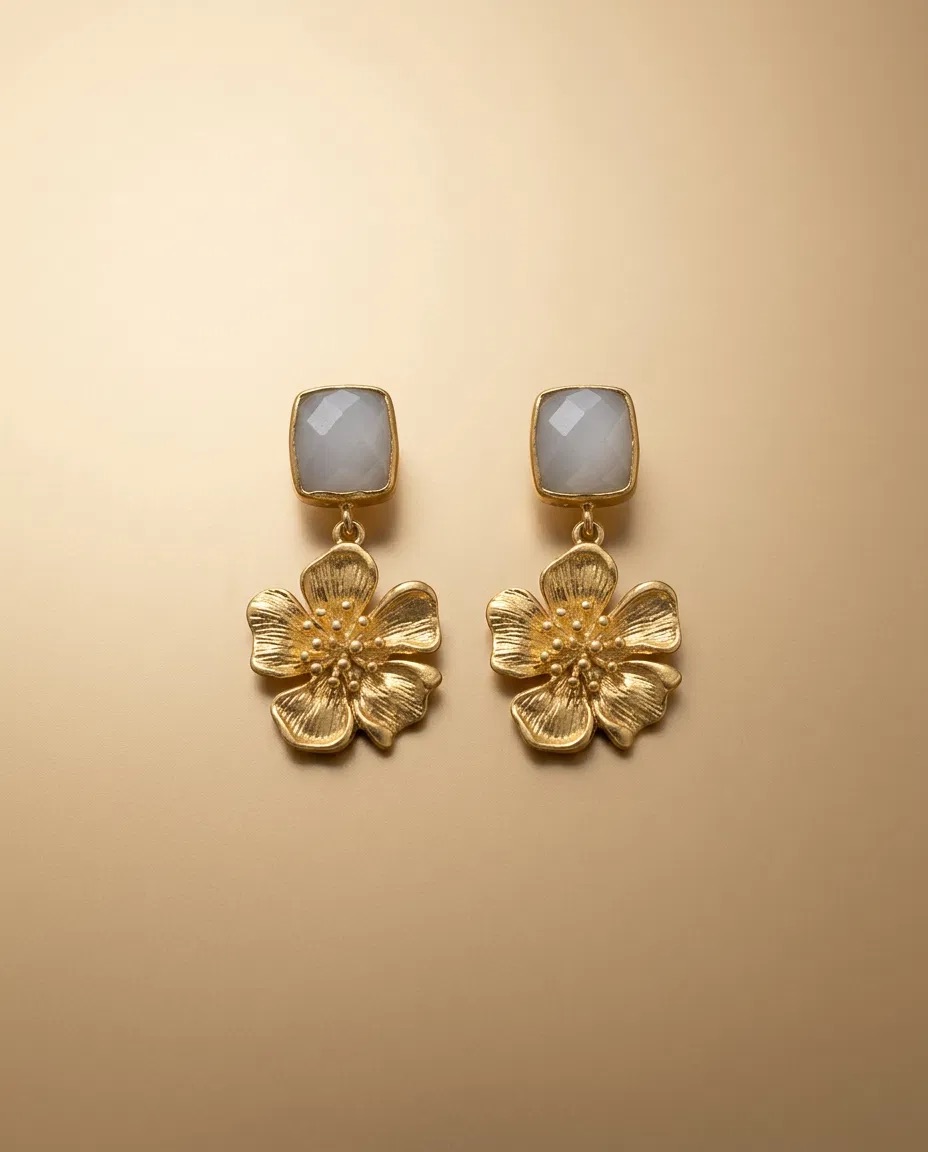 Grey Square Stone Gold Wild Rose Earrings