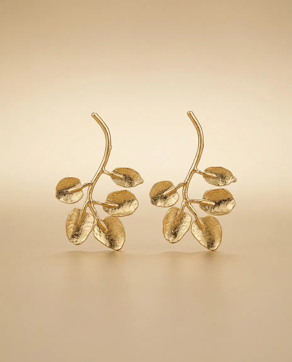 Gold Eucalyptus Branch Climber Earrings