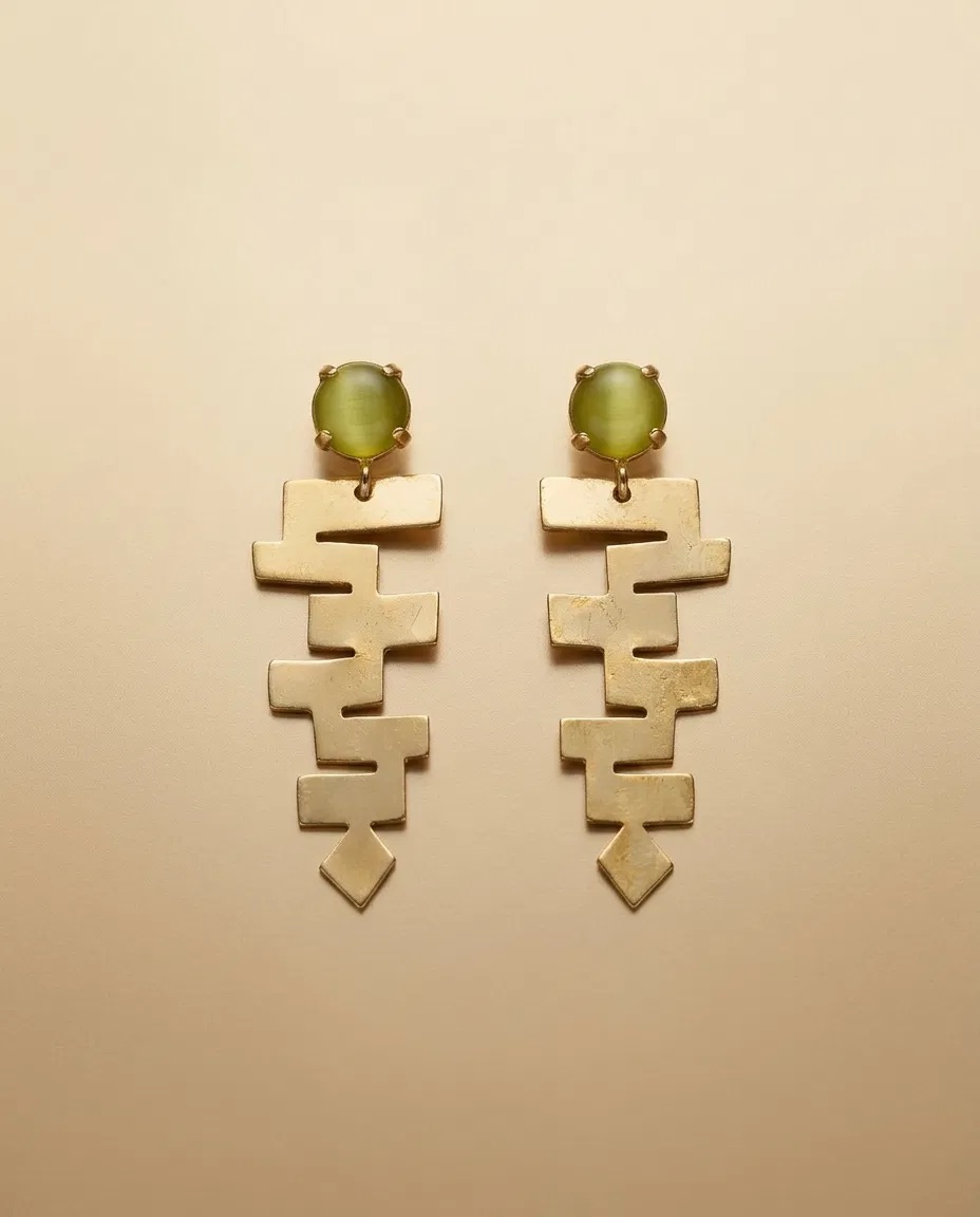 Olive Stone Stepped Totem Drop Earrings