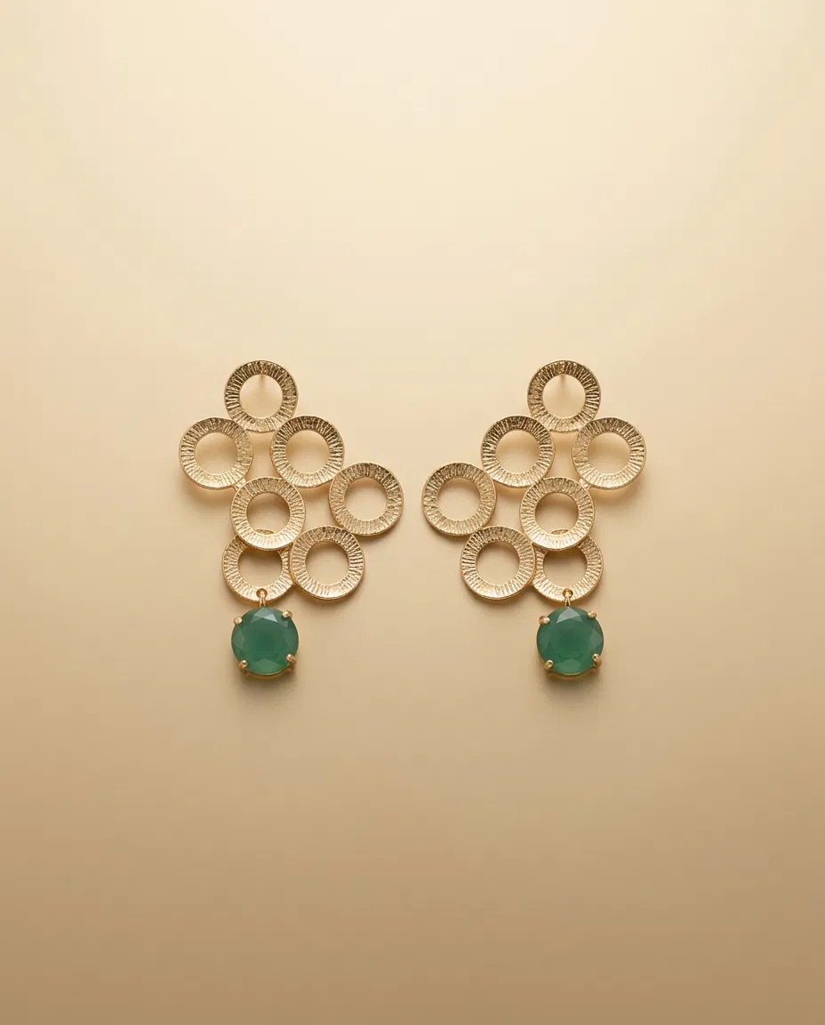 Brushed Ring Cluster Green Stone Earrings