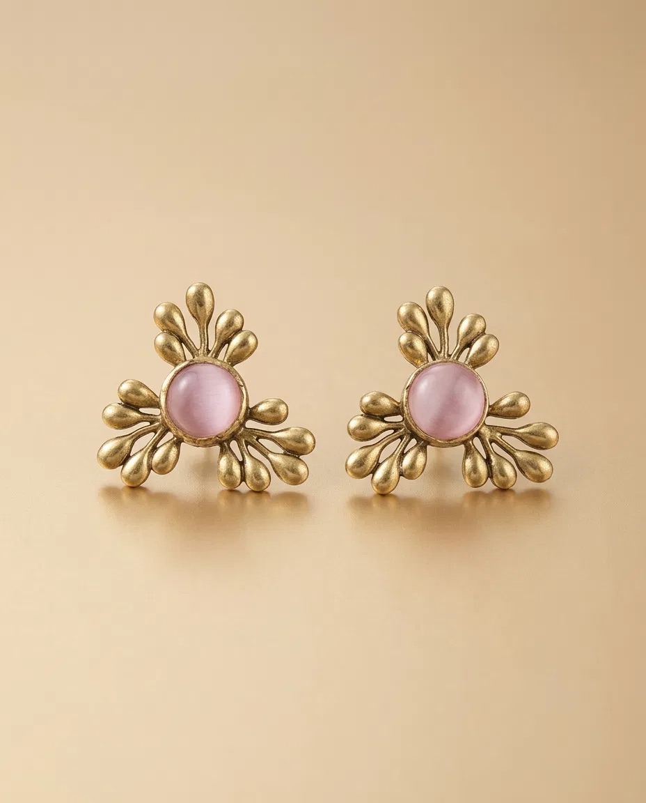 Pink Cat Eye Gold Bud Spray Stud Earrings