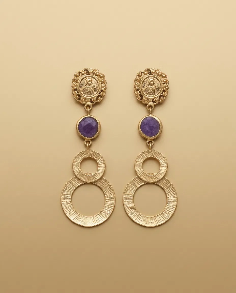 Medallion Stud Purple Stone Figure Eight Earrings