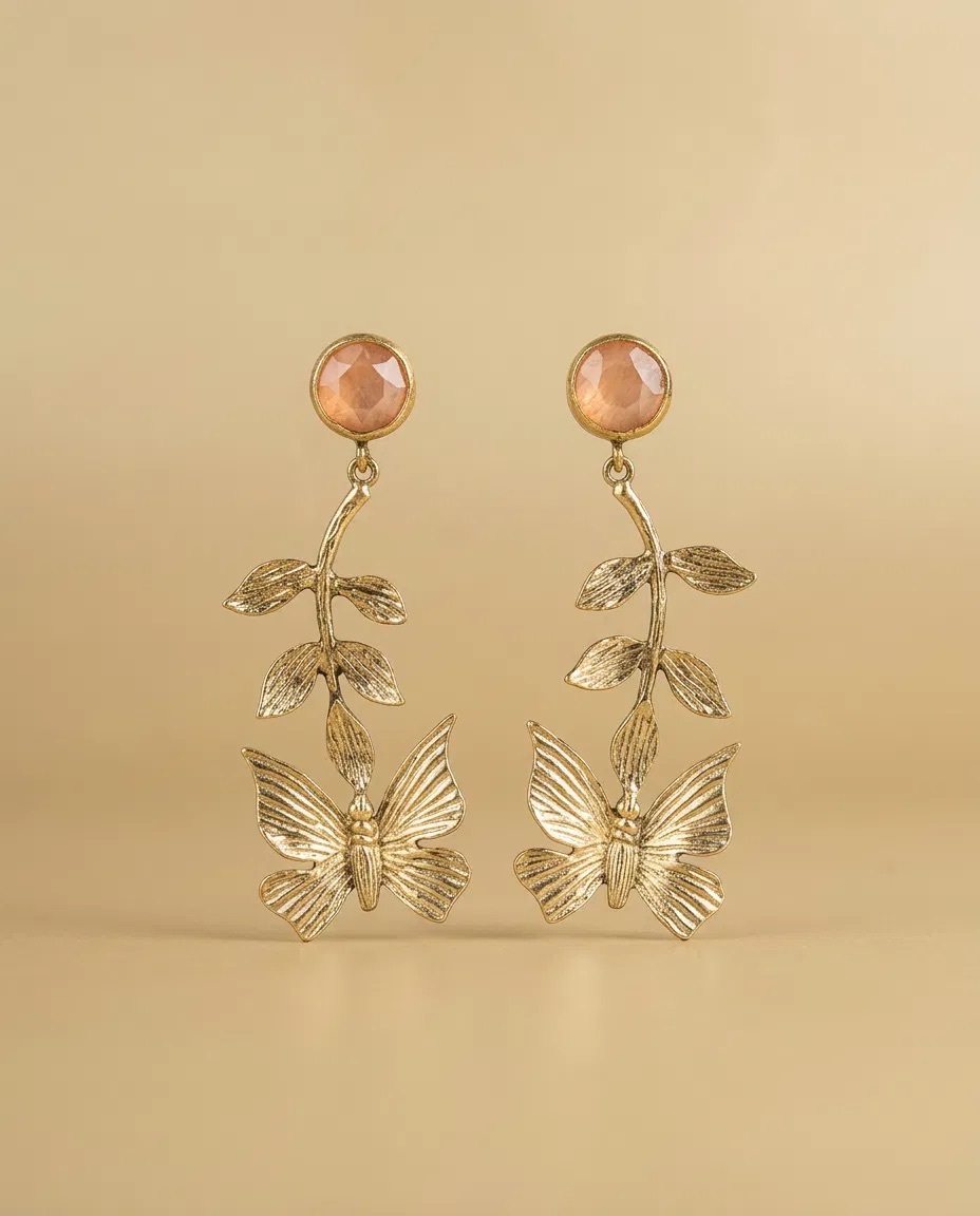 Peach Stone Vine Butterfly Earrings