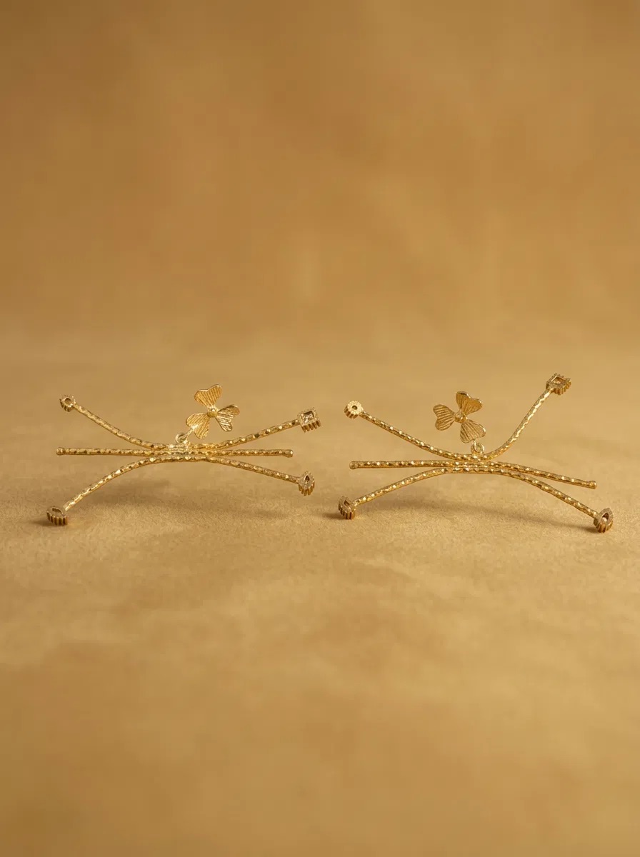 Gold Wire Branch Clover Climber Earrings