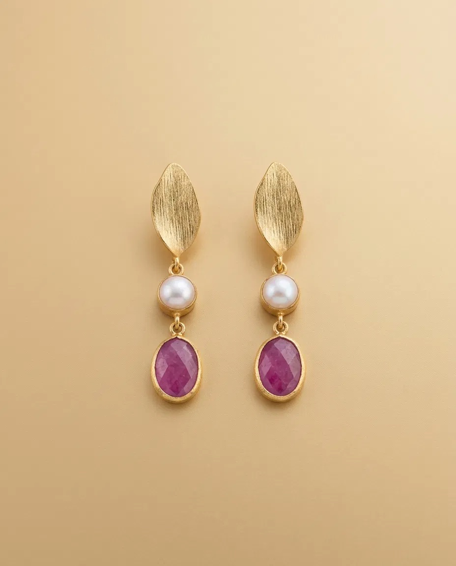 Brushed Leaf Pearl-Look Fuchsia Stone Earrings
