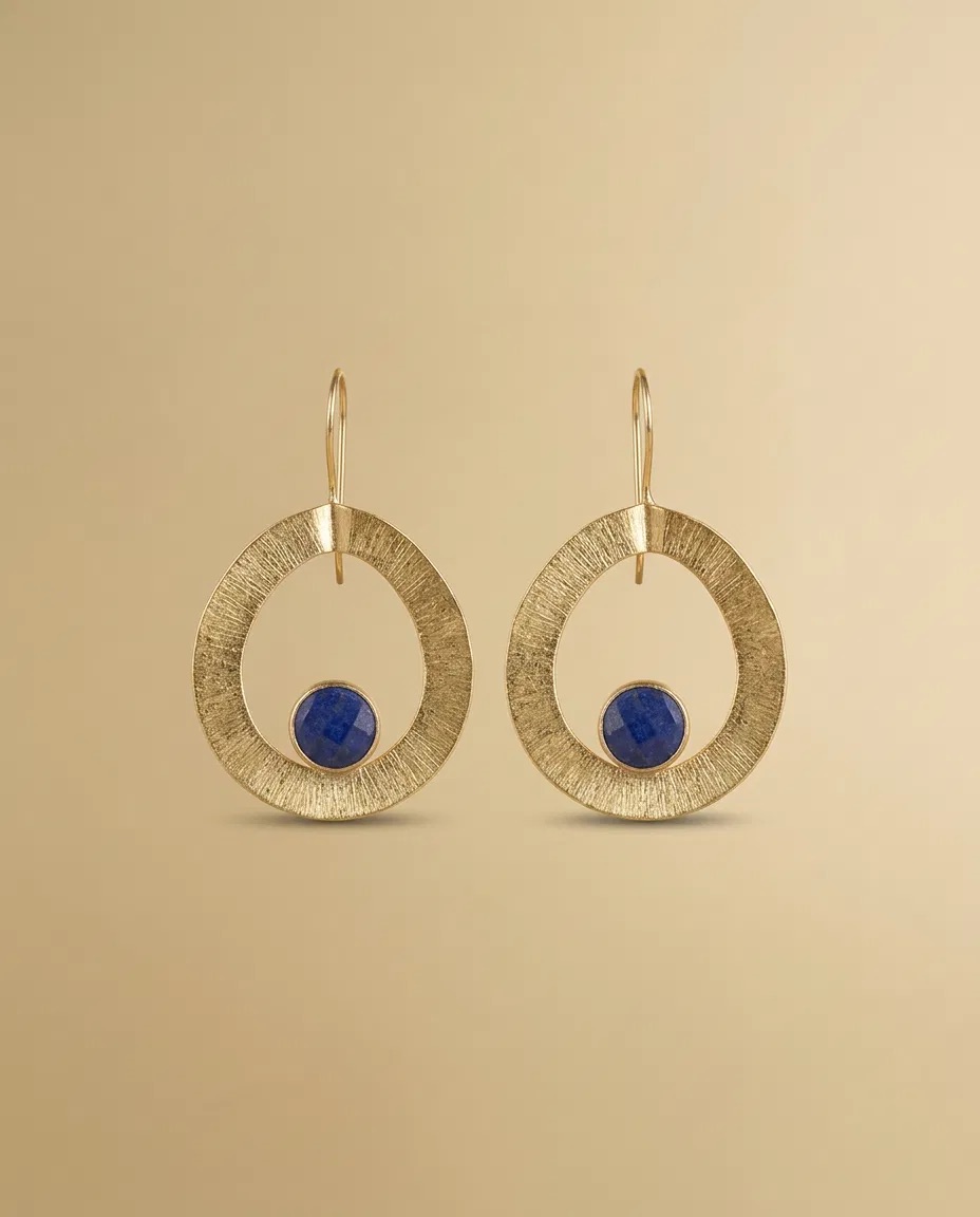 Brushed Organic Hoop Lapis Look Stone Earrings