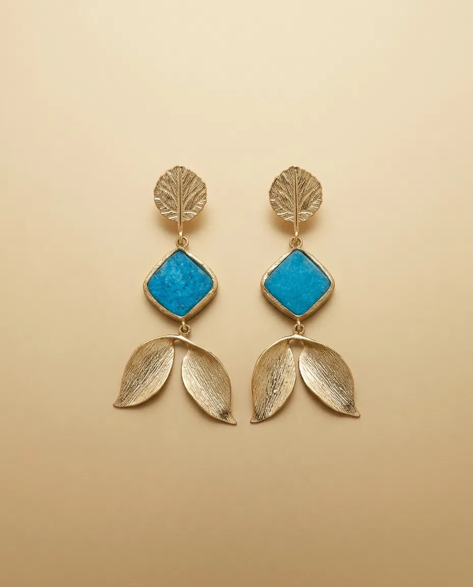Leaf Stud Turquoise Color Square Leaf Earrings