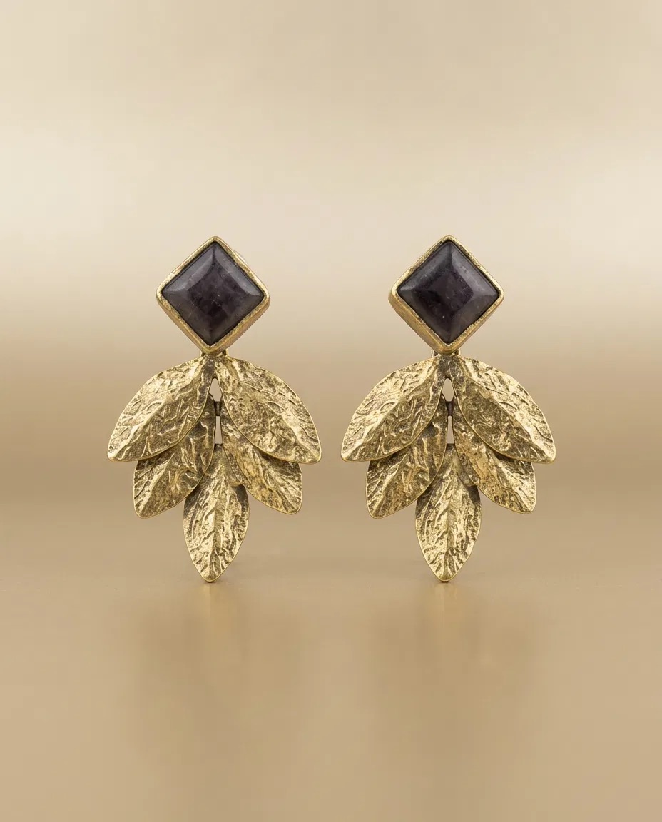 Smoky Square Stone Hammered Leaf Cluster Earrings
