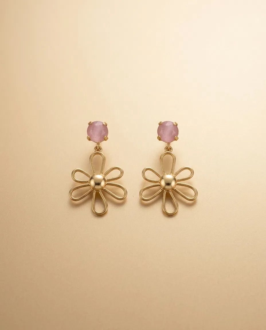 Pink Stone Gold Wire Daisy Earrings