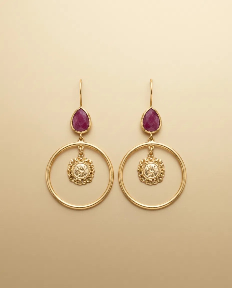Ruby Color Teardrop Medallion Hoop Earrings