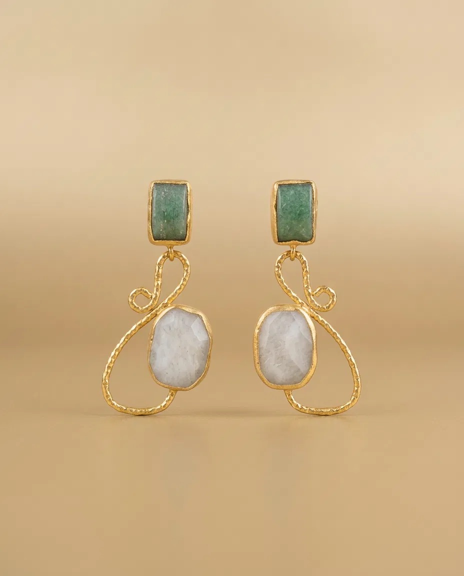 Green Rectangle Stone Wire Scroll Moonstone Look Earrings
