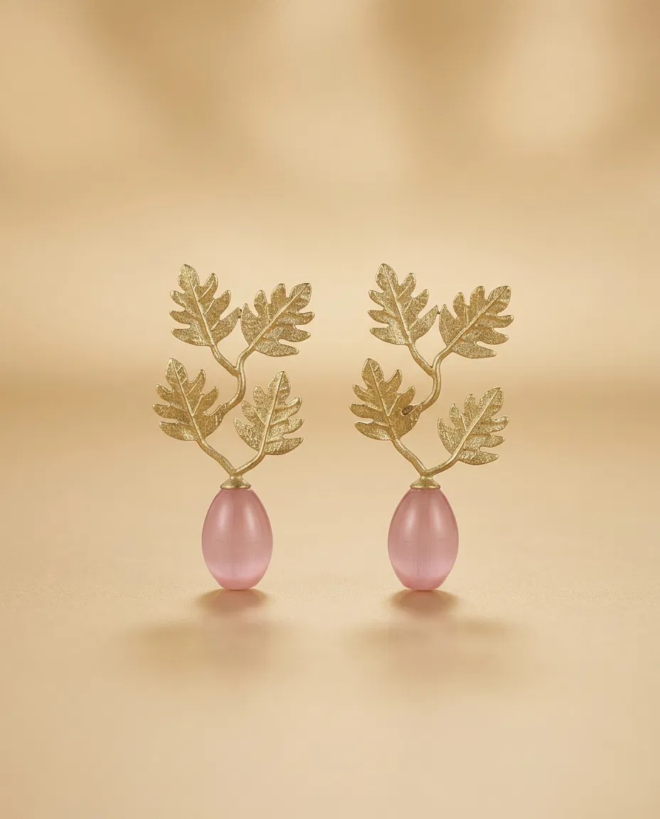 Gold Oak Branch Pink Drop Earrings
