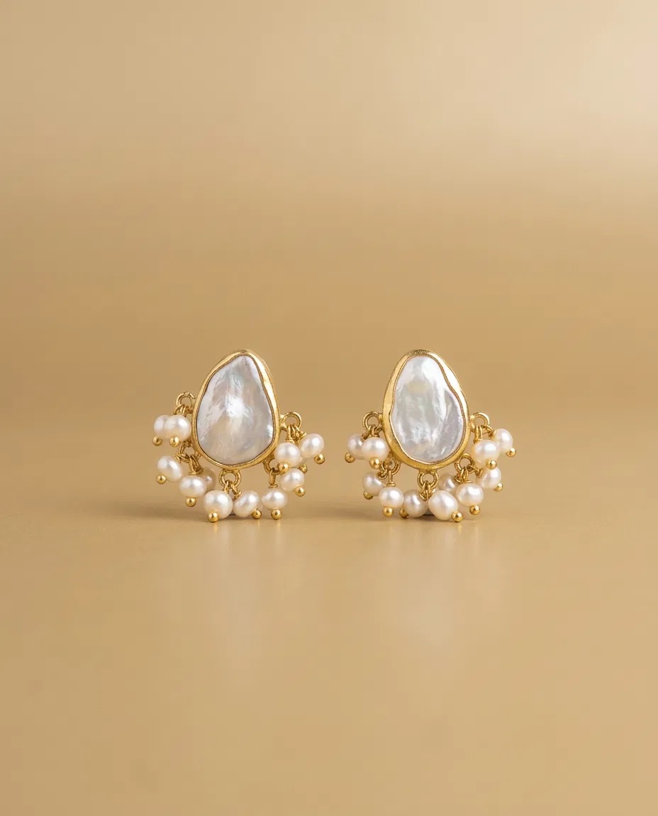Baroque Pearl-Look Seed Bead Fringe Stud Earrings