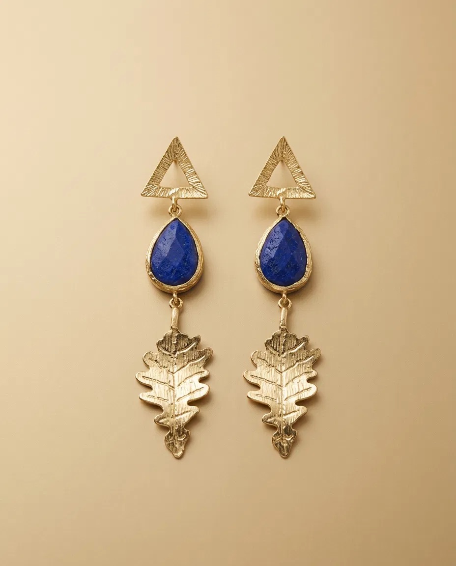 Triangle Lapis Look Teardrop Oak Leaf Earrings