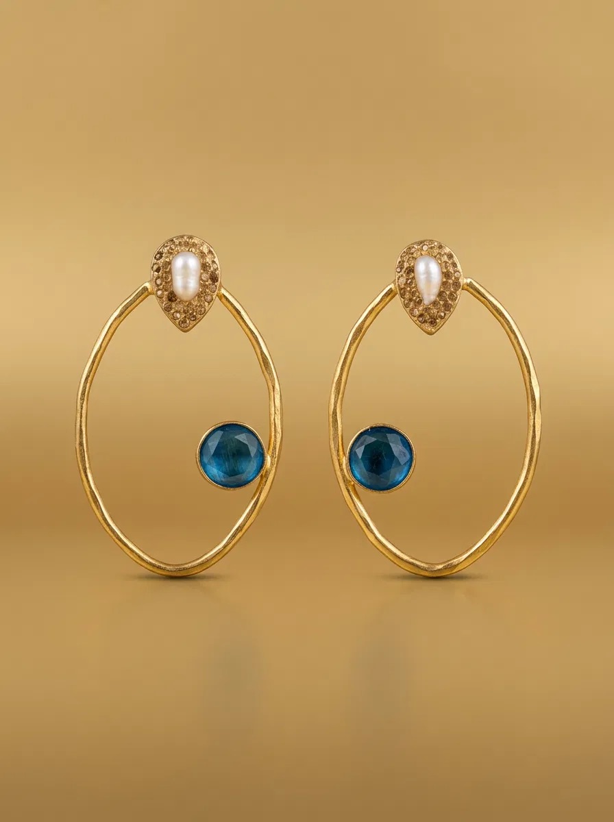 Pearl-Look Pave Stud Blue Stone Oval Hoop Earrings