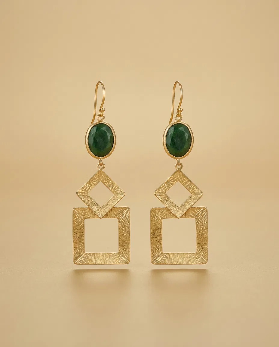 Emerald Look Oval Stone Brushed Square Frame Earrings