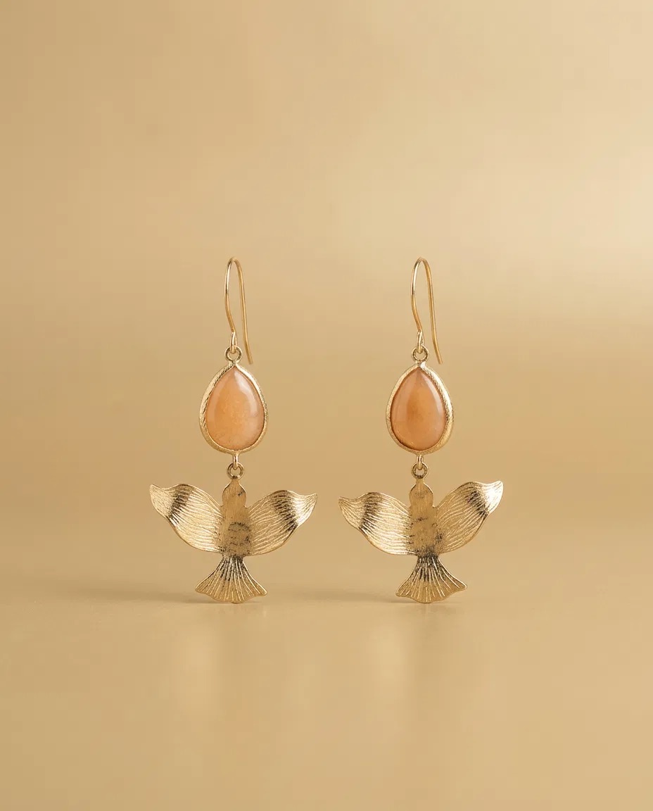 Peach Teardrop Gold Bird Hook Earrings