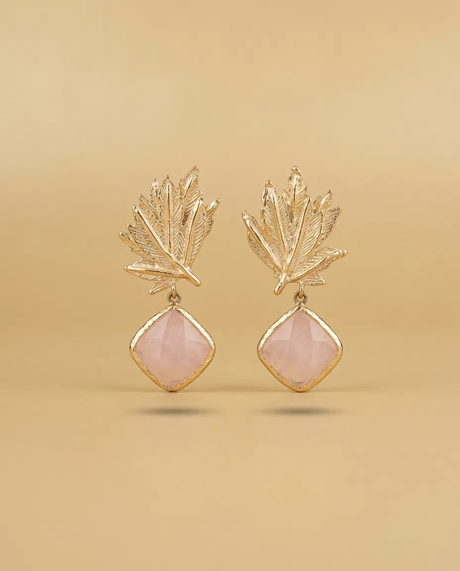 Gold Maple Leaf Rose Quartz Look Earrings