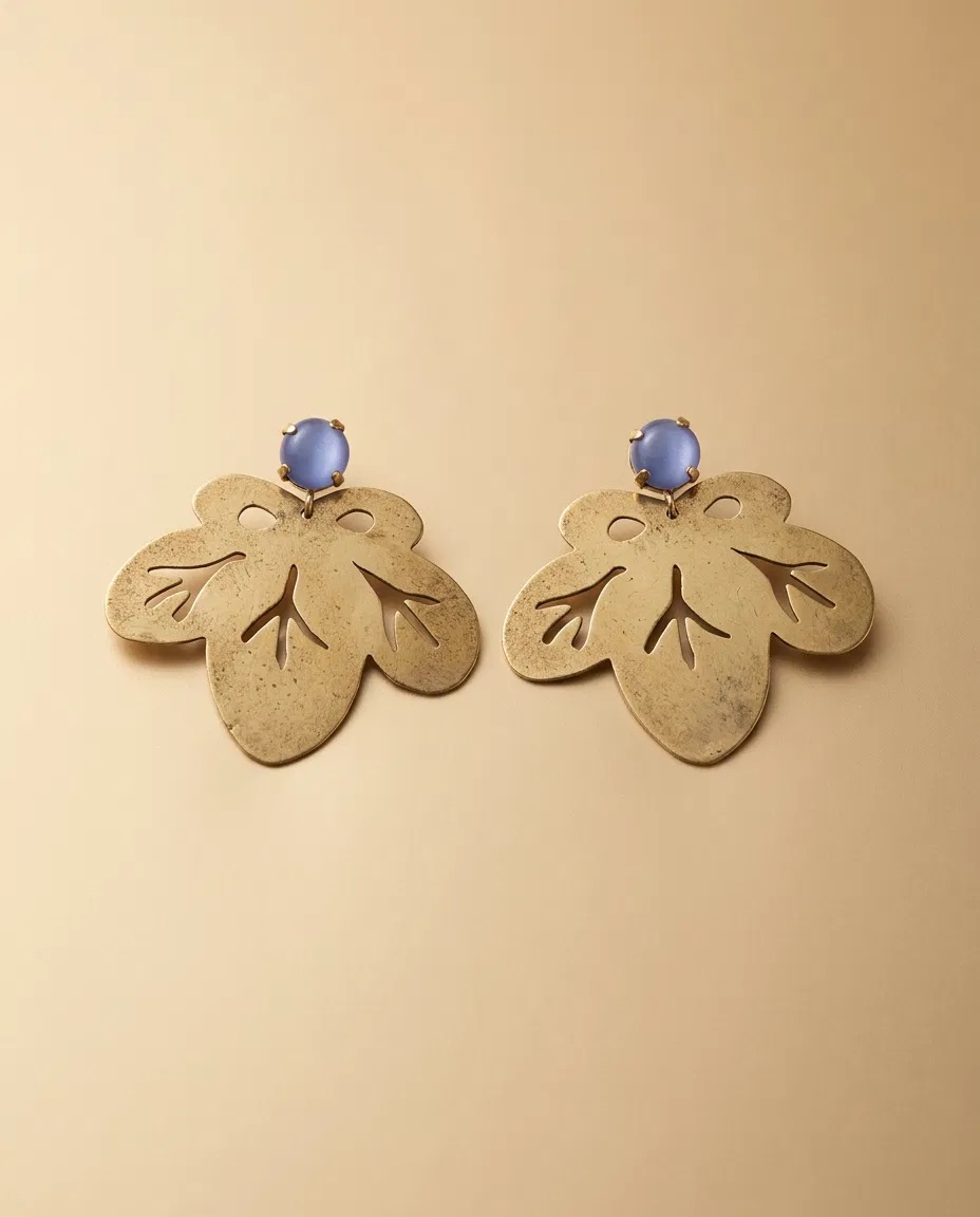 Blue Cat Eye Stone Cut-Out Leaf Plate Earrings