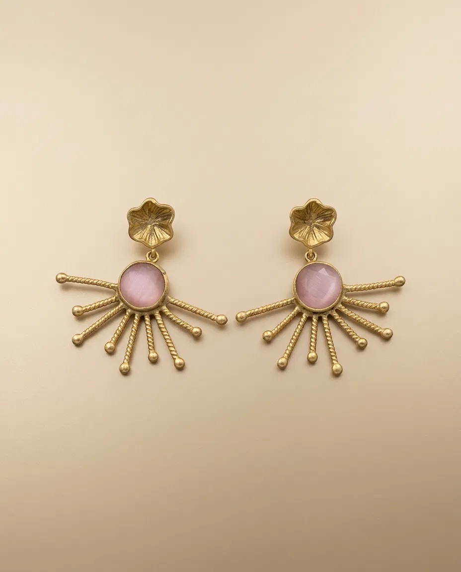 Flower Stud Pink Stone Gold Ray Earrings