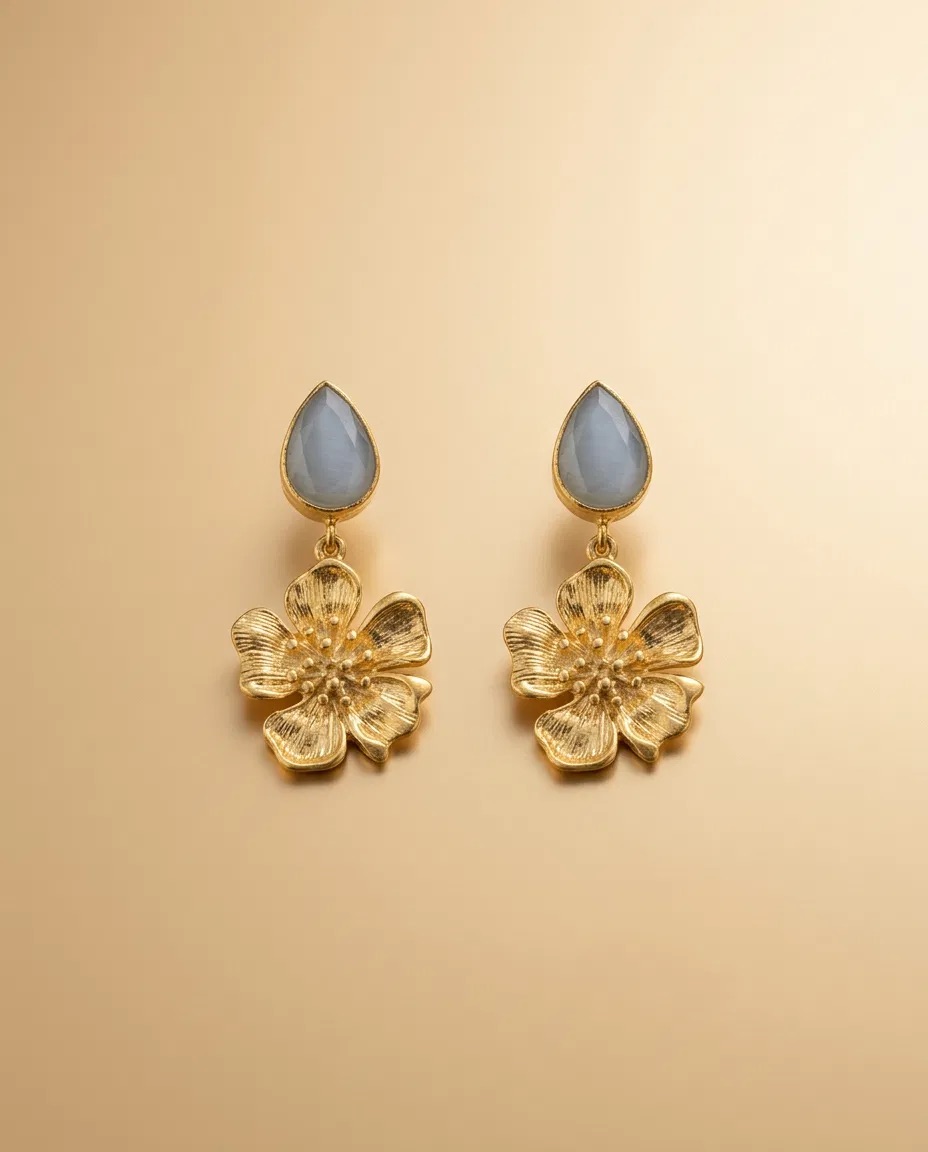 Grey Teardrop Gold Wild Rose Drop Earrings