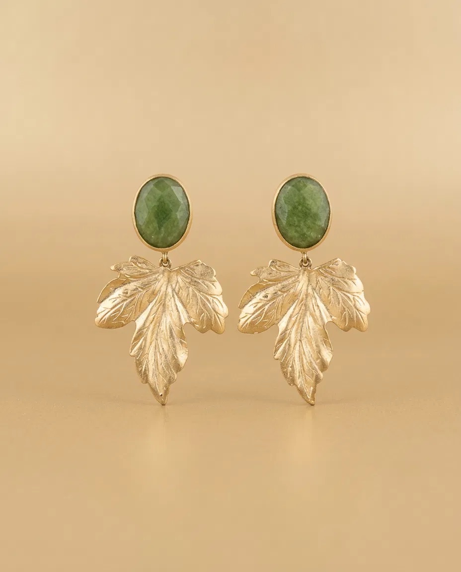 Green Oval Stone Gold Grape Leaf Earrings