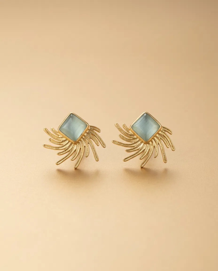 Aqua Square Stone Gold Fringe Stud Earrings