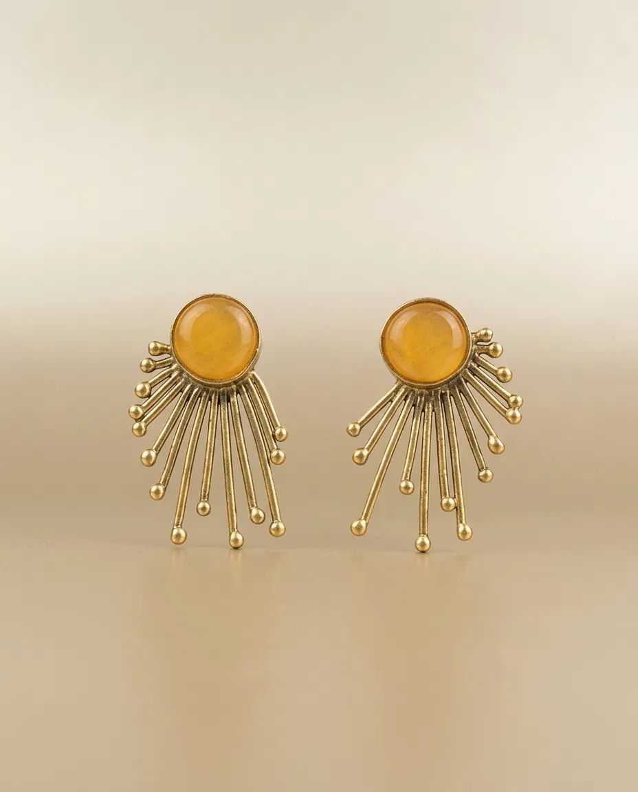 Yellow Stone Gold Ray Fringe Stud Earrings