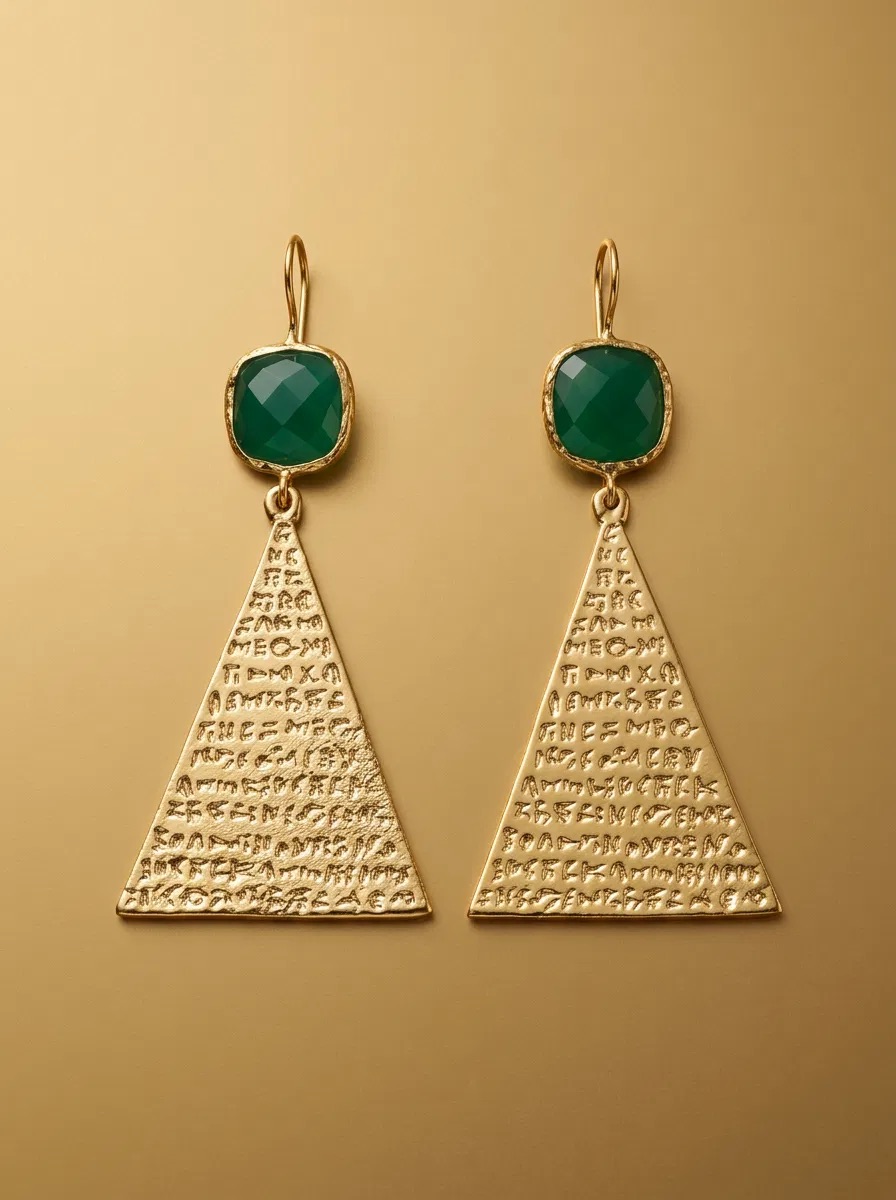 Green Square Stone Ancient Script Triangle Earrings