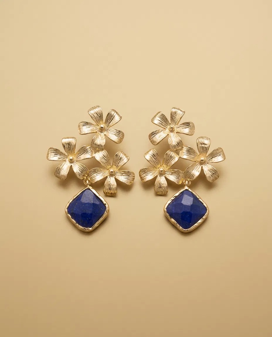 Gold Flower Trio Lapis Look Square Earrings