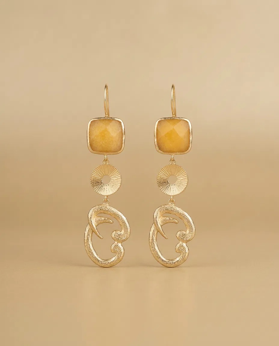 Yellow Square Stone Disc Scroll Hook Earrings