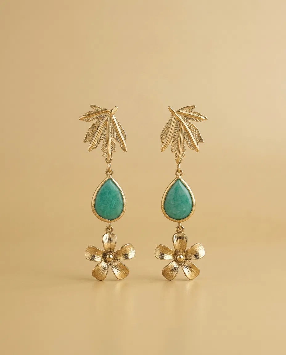 Gold Leaf Green Teardrop Flower Earrings