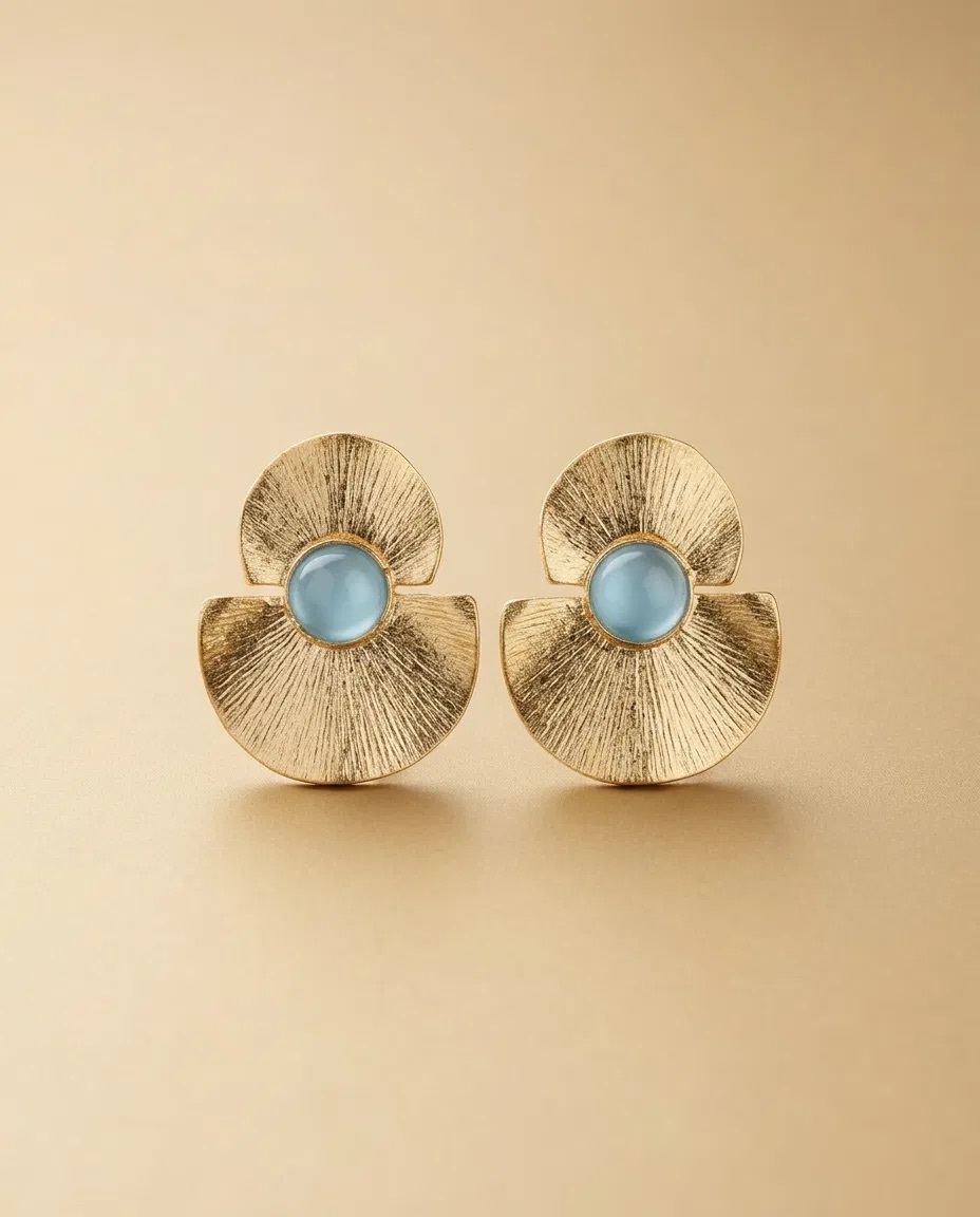 Brushed Fan Aqua Stone Stud Earrings