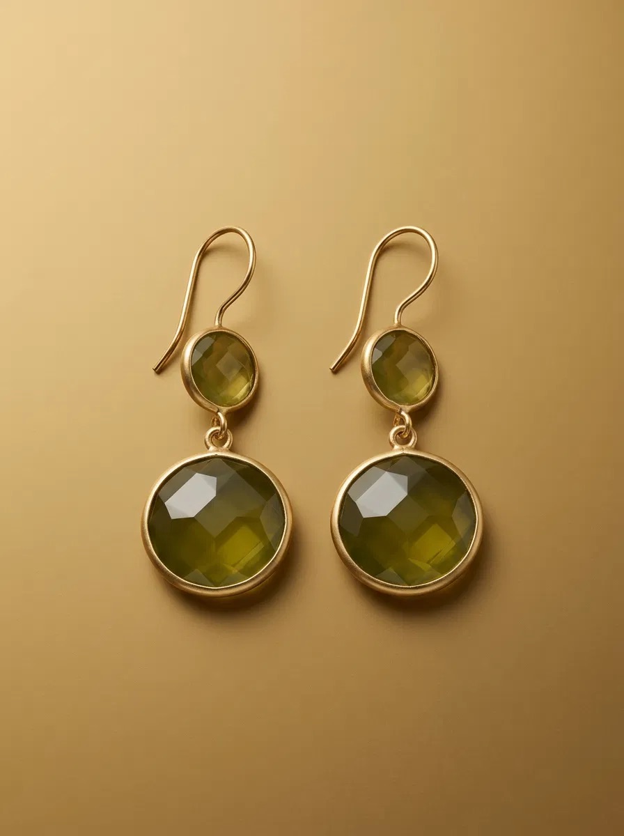 Olive Green Double Round Stone Hook Earrings