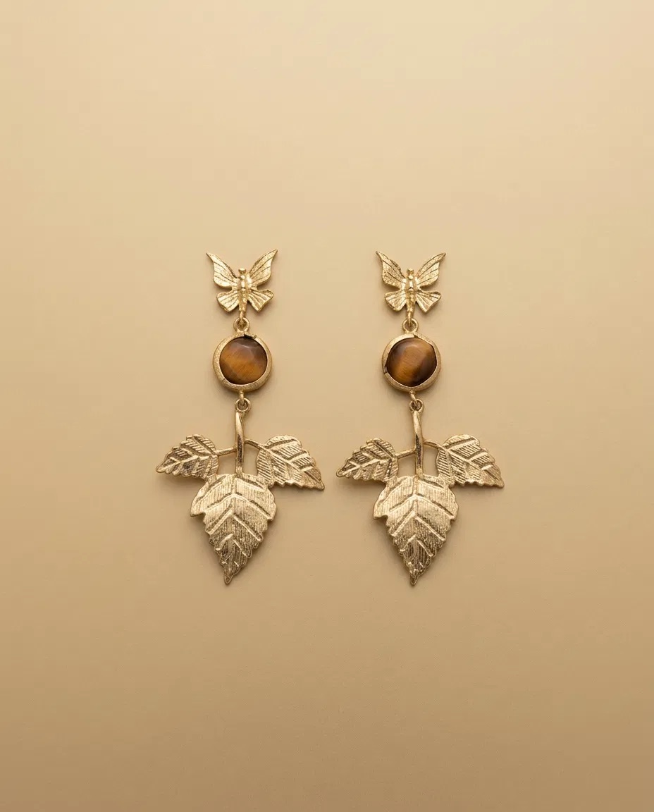 Butterfly Tiger Eye Look Leaf Cluster Earrings